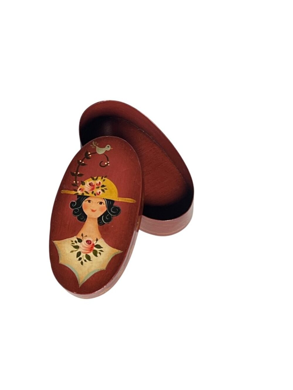 Hand-Painted Oval Wooden Trinket Box By Judie Elliott 1987 Lady In Yellow Hat Wi